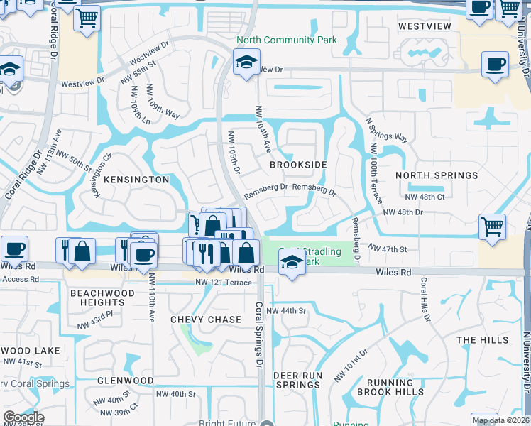 map of restaurants, bars, coffee shops, grocery stores, and more near 4841 Northwest 104th Lane in Coral Springs