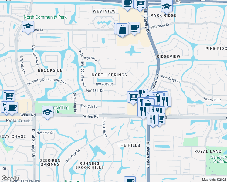 map of restaurants, bars, coffee shops, grocery stores, and more near 9805 Northwest 48th Drive in Coral Springs