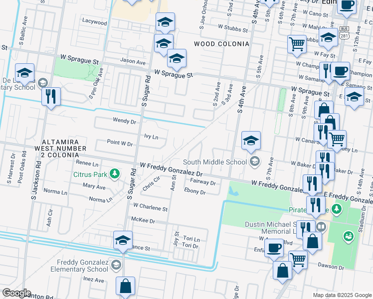 map of restaurants, bars, coffee shops, grocery stores, and more near 1407 Cedar St in Edinburg