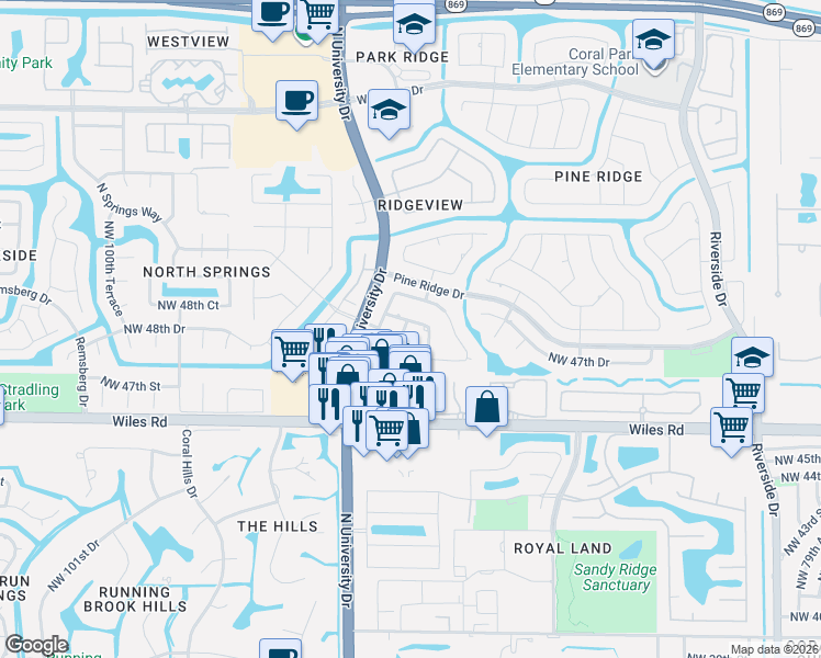 map of restaurants, bars, coffee shops, grocery stores, and more near 4823 Northwest 91st Way in Coral Springs