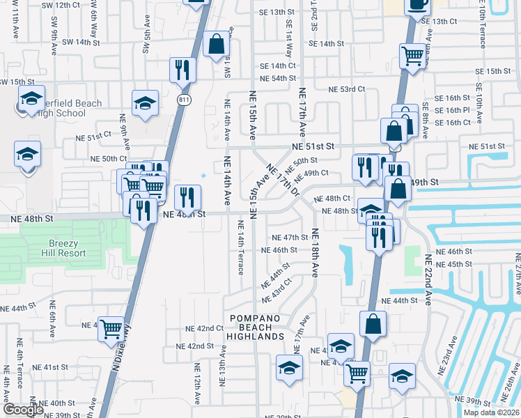 map of restaurants, bars, coffee shops, grocery stores, and more near 1540 Northeast 48th Court in Pompano Beach