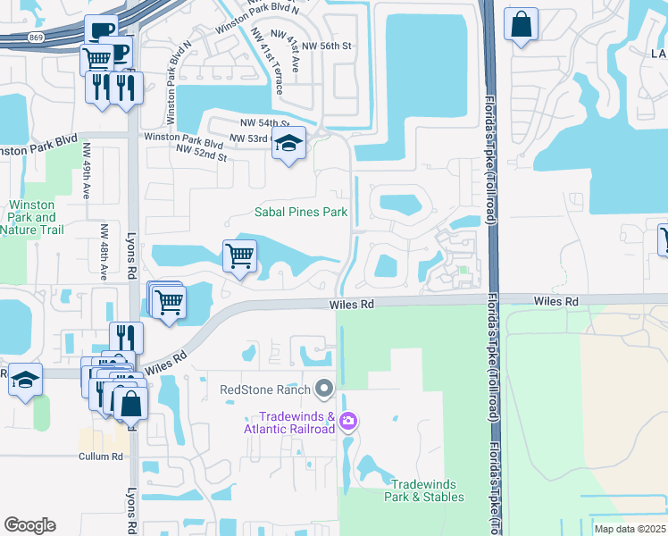 map of restaurants, bars, coffee shops, grocery stores, and more near 4005 Banyan Trails Drive in Coconut Creek