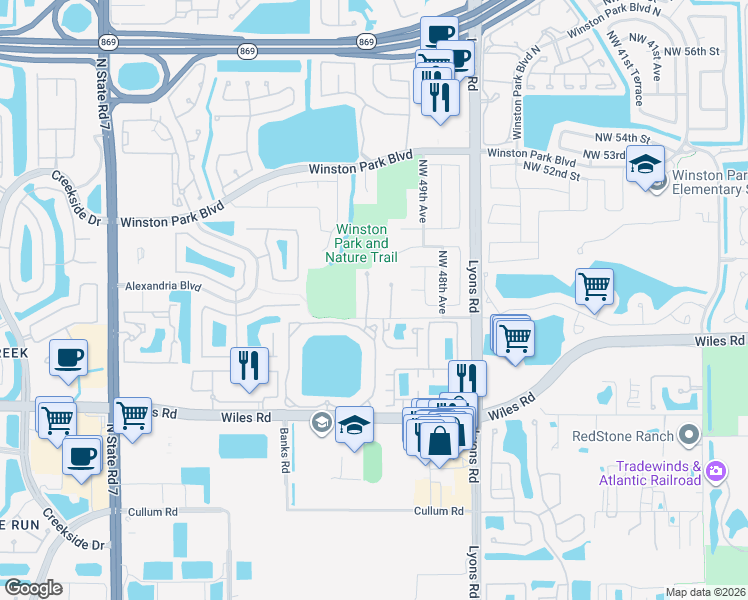 map of restaurants, bars, coffee shops, grocery stores, and more near 4937 Cypress Lane in Coconut Creek