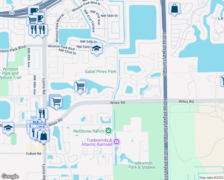 map of restaurants, bars, coffee shops, grocery stores, and more near 4005 Banyan Trails Drive in Coconut Creek