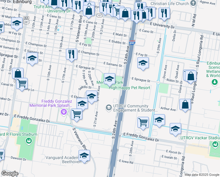 map of restaurants, bars, coffee shops, grocery stores, and more near 1200 South 21st Avenue in Edinburg