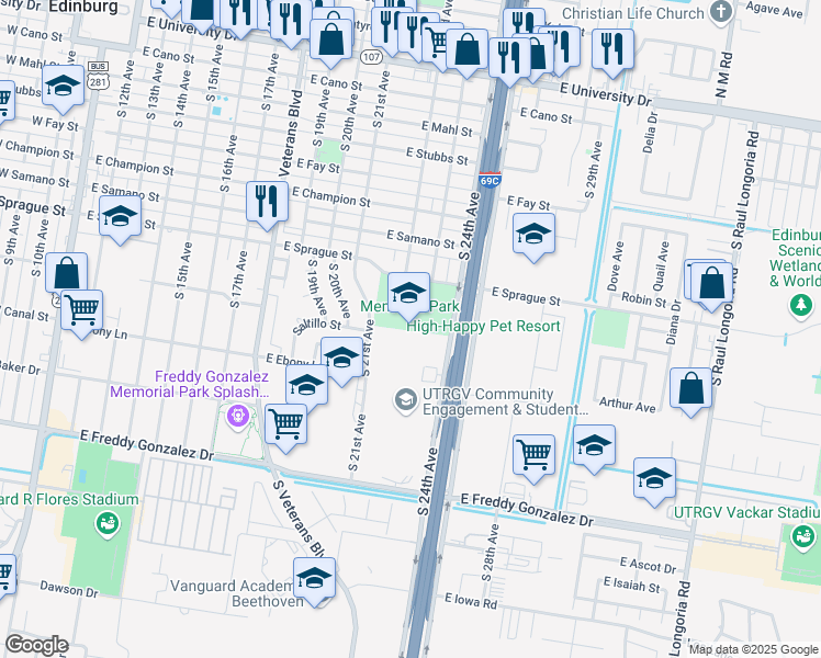 map of restaurants, bars, coffee shops, grocery stores, and more near 1200 South 21st Avenue in Edinburg
