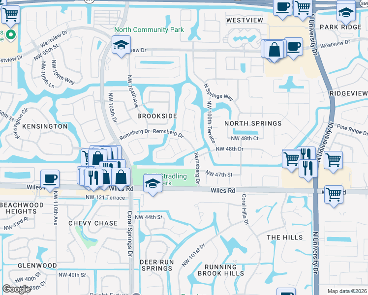 map of restaurants, bars, coffee shops, grocery stores, and more near 10233 Northwest 48th Court in Coral Springs