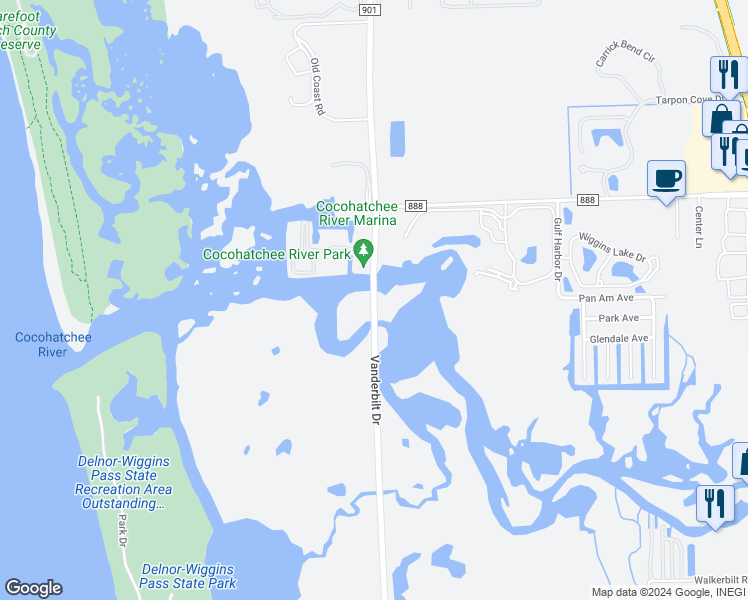 map of restaurants, bars, coffee shops, grocery stores, and more near Vanderbilt Drive in Naples