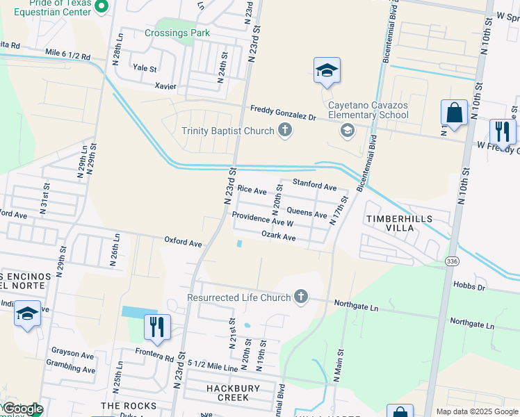 map of restaurants, bars, coffee shops, grocery stores, and more near 2017 Queens Avenue in McAllen