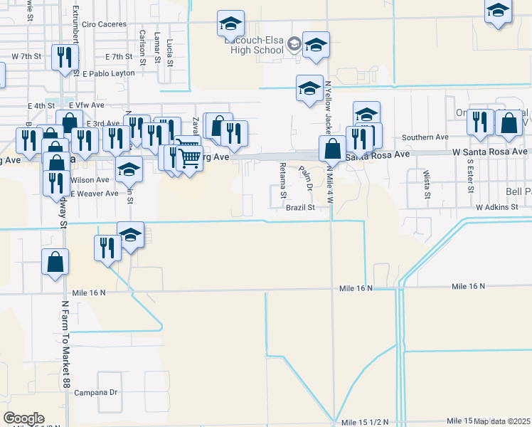 map of restaurants, bars, coffee shops, grocery stores, and more near 231 Brazil Street in Elsa