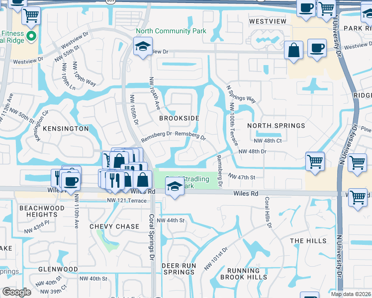 map of restaurants, bars, coffee shops, grocery stores, and more near 4866 Northwest 103rd Drive in Coral Springs