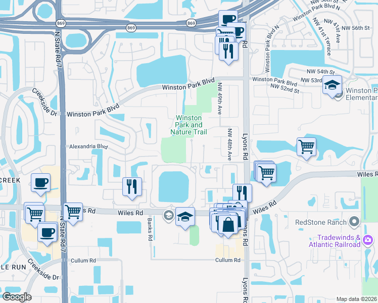 map of restaurants, bars, coffee shops, grocery stores, and more near 4937 Cypress Lane in Coconut Creek