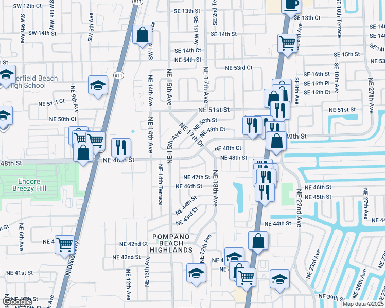 map of restaurants, bars, coffee shops, grocery stores, and more near 1633 Northeast 48th Street in Pompano Beach
