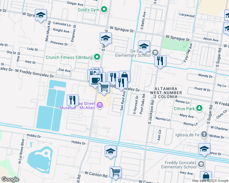 map of restaurants, bars, coffee shops, grocery stores, and more near 2614 West Freddy Gonzalez Drive in Edinburg