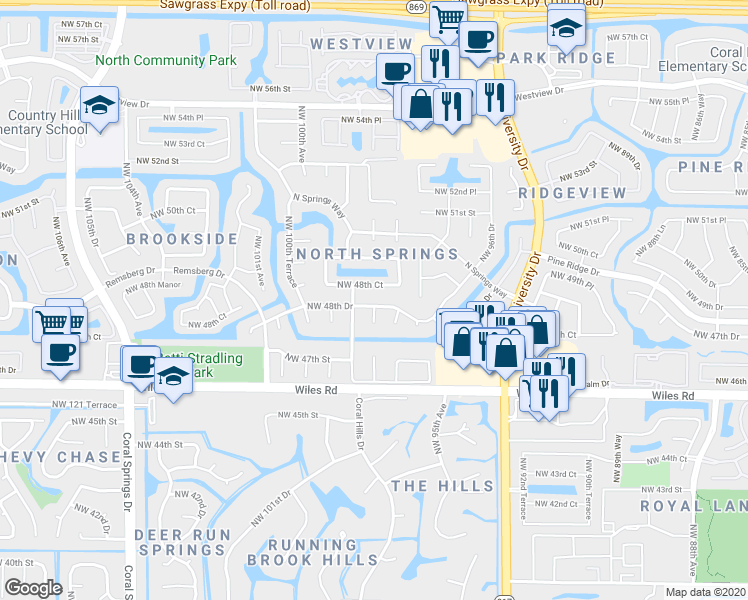 map of restaurants, bars, coffee shops, grocery stores, and more near 9855 Northwest 48th Drive in Coral Springs