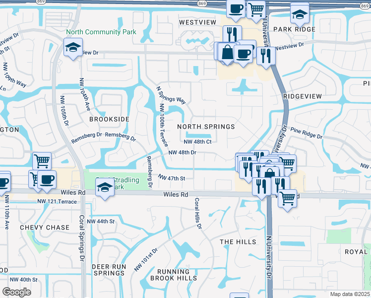 map of restaurants, bars, coffee shops, grocery stores, and more near 9925 Northwest 48th Drive in Coral Springs