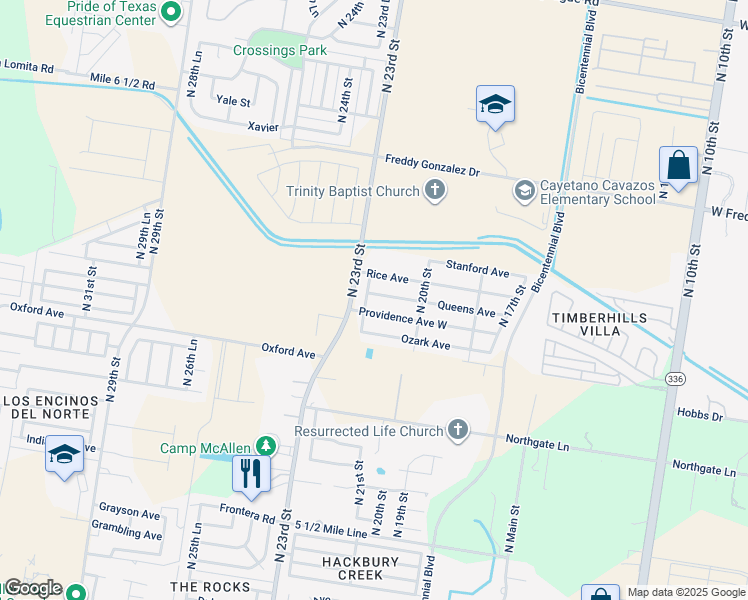 map of restaurants, bars, coffee shops, grocery stores, and more near 2117 Queens Avenue in McAllen