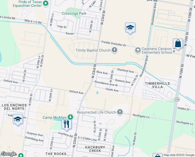 map of restaurants, bars, coffee shops, grocery stores, and more near 2121 Queens Avenue in McAllen