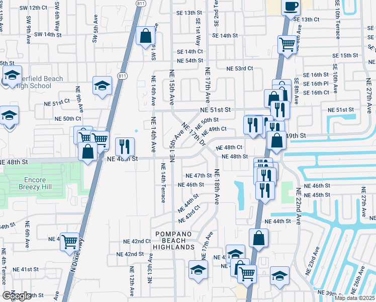 map of restaurants, bars, coffee shops, grocery stores, and more near 1633 Northeast 48th Street in Pompano Beach