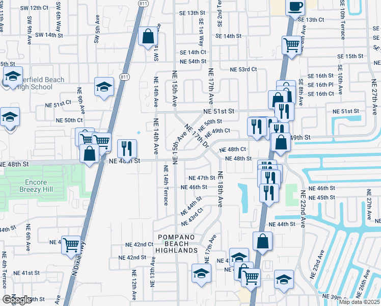 map of restaurants, bars, coffee shops, grocery stores, and more near 1633 Northeast 48th Street in Pompano Beach
