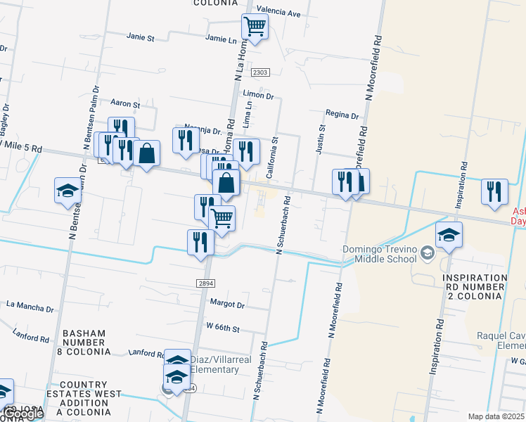 map of restaurants, bars, coffee shops, grocery stores, and more near 2605 West Mile 5 Road in Mission
