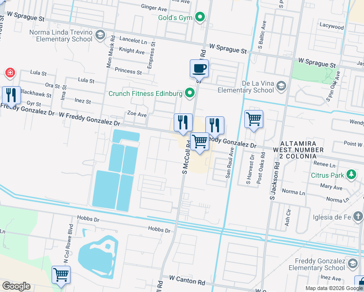 map of restaurants, bars, coffee shops, grocery stores, and more near 1655 South McColl Road in Edinburg