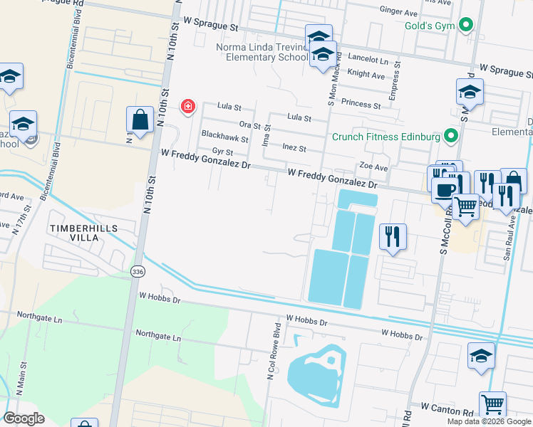 map of restaurants, bars, coffee shops, grocery stores, and more near 3618 West Freddy Gonzalez Drive in Edinburg