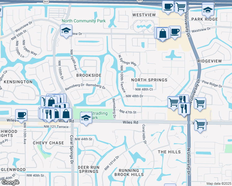 map of restaurants, bars, coffee shops, grocery stores, and more near 4901 Northwest 101st Avenue in Coral Springs
