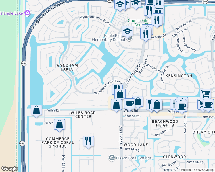 map of restaurants, bars, coffee shops, grocery stores, and more near 11719 Northwest 47th Drive in Coral Springs