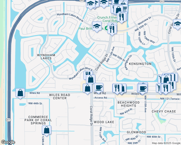 map of restaurants, bars, coffee shops, grocery stores, and more near Northwest 47th Drive in Coral Springs