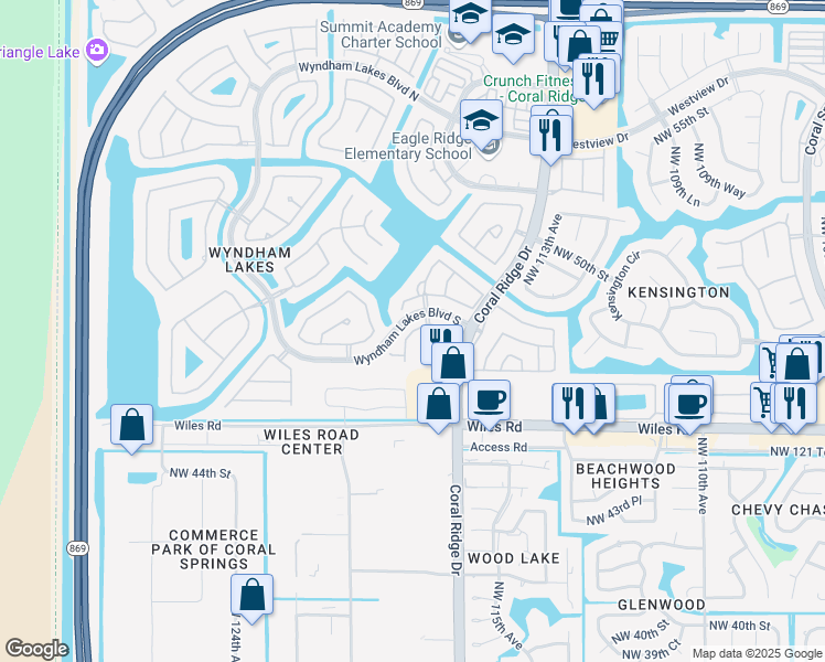 map of restaurants, bars, coffee shops, grocery stores, and more near 11716 Northwest 47th Drive in Coral Springs