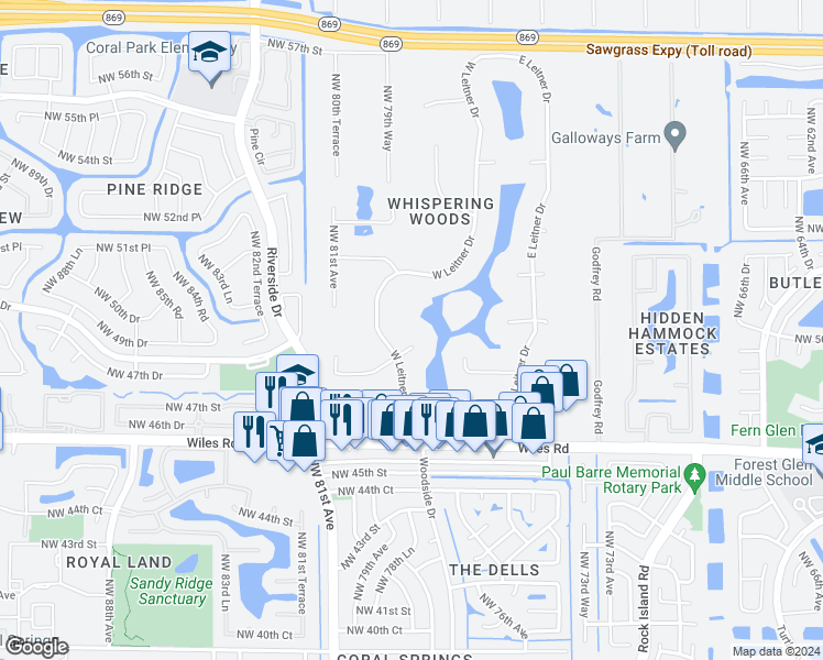 map of restaurants, bars, coffee shops, grocery stores, and more near 8033 Northwest 47th Drive in Coral Springs