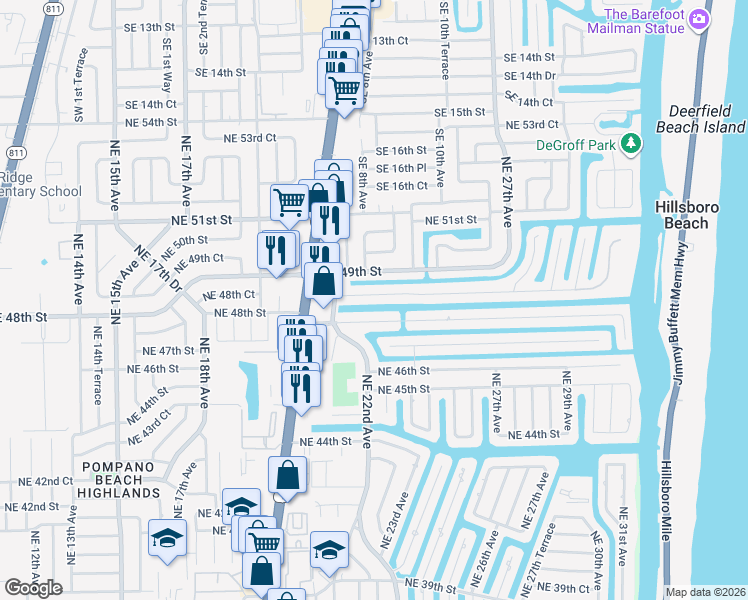 map of restaurants, bars, coffee shops, grocery stores, and more near 2300 Northeast 48th Court in Lighthouse Point