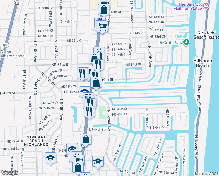 map of restaurants, bars, coffee shops, grocery stores, and more near 2300 Northeast 48th Court in Lighthouse Point