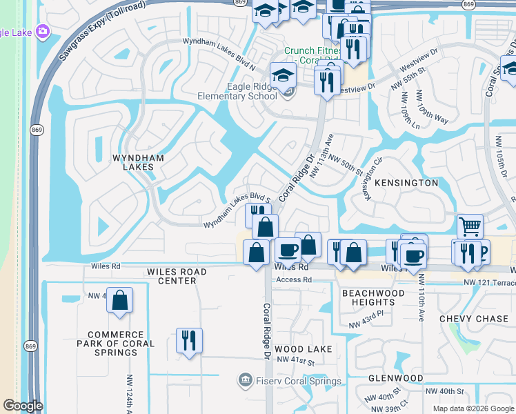 map of restaurants, bars, coffee shops, grocery stores, and more near 11622 Northwest 47th Drive in Tamarac