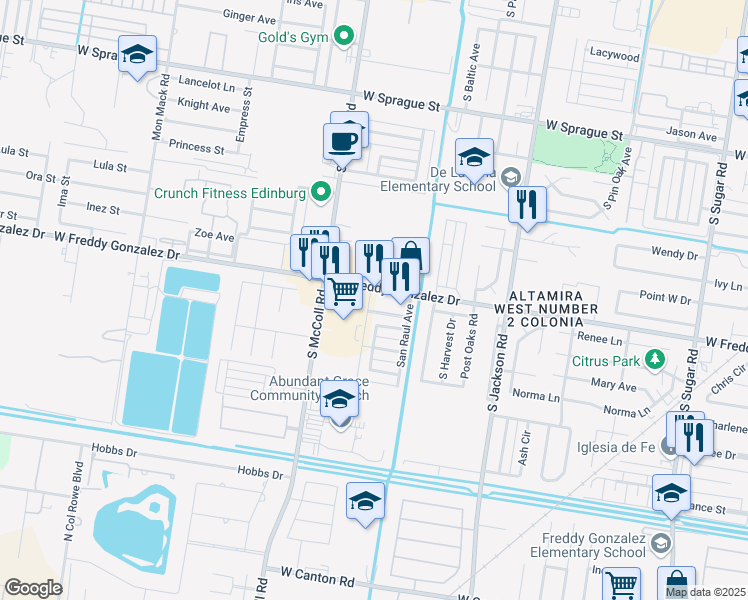 map of restaurants, bars, coffee shops, grocery stores, and more near 2614 West Freddy Gonzalez Drive in Edinburg