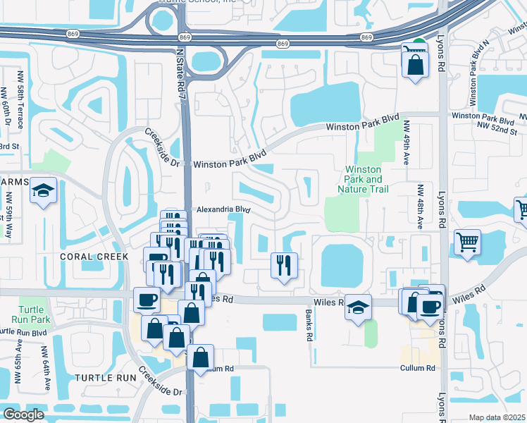 map of restaurants, bars, coffee shops, grocery stores, and more near 5416 Northwest 49th Court in Coconut Creek