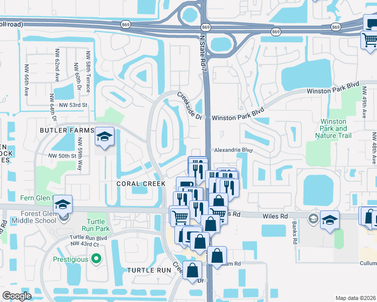 map of restaurants, bars, coffee shops, grocery stores, and more near 5713 Northwest 48th Court in Coral Springs