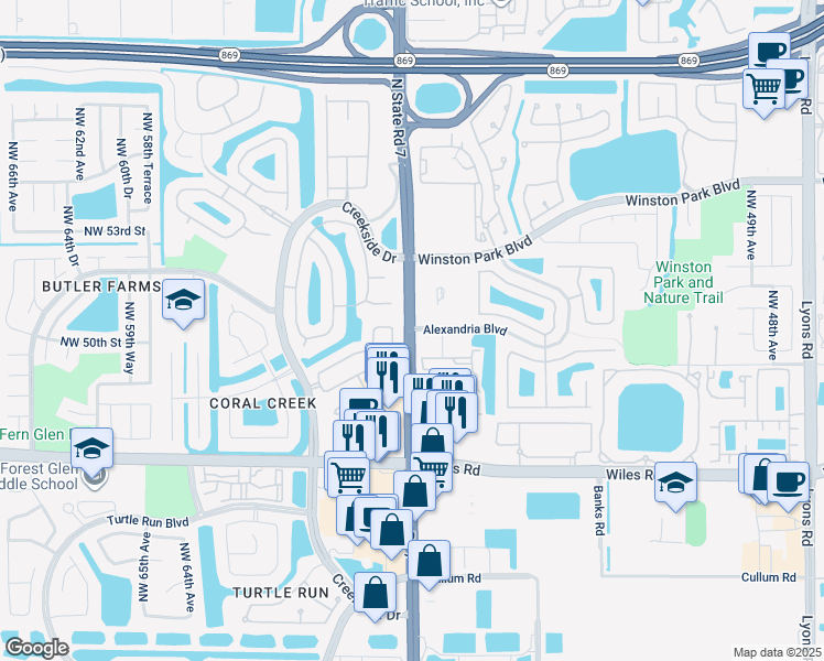 map of restaurants, bars, coffee shops, grocery stores, and more near 4856 Florida 7 in Coconut Creek