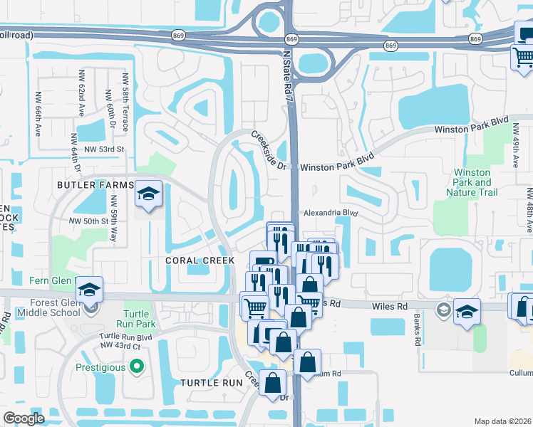 map of restaurants, bars, coffee shops, grocery stores, and more near 5713 Northwest 48th Court in Coral Springs