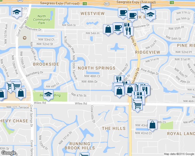 map of restaurants, bars, coffee shops, grocery stores, and more near 9855 Northwest 48th Drive in Coral Springs