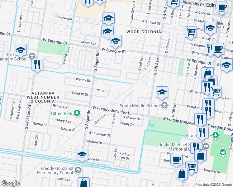 map of restaurants, bars, coffee shops, grocery stores, and more near 1407 Cedar Street in Edinburg