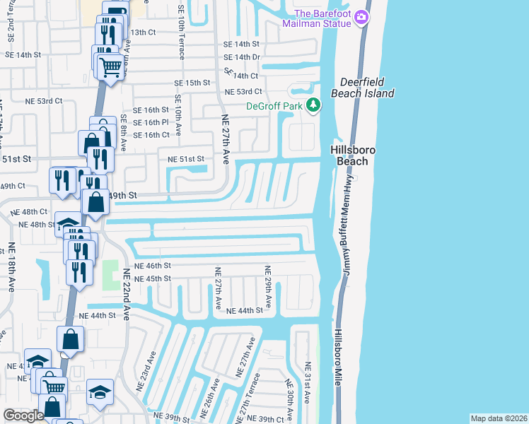 map of restaurants, bars, coffee shops, grocery stores, and more near 2801 Northeast 48th Street in Lighthouse Point