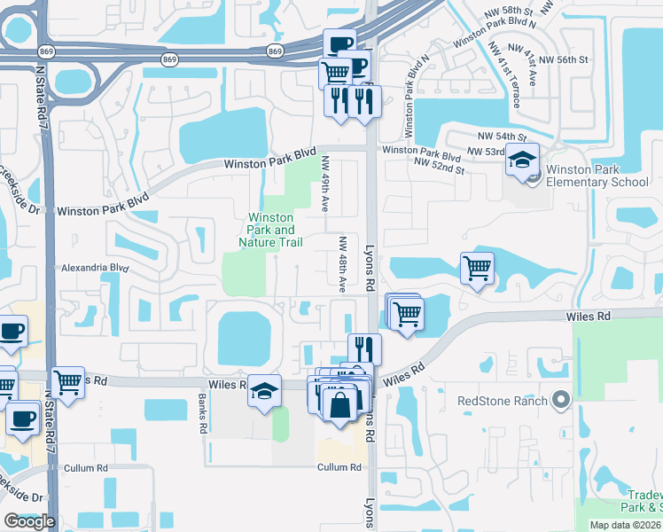 map of restaurants, bars, coffee shops, grocery stores, and more near 4922 Northwest 49th Avenue in Coconut Creek