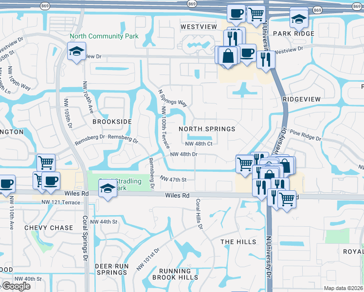 map of restaurants, bars, coffee shops, grocery stores, and more near 9925 Northwest 48th Drive in Coral Springs