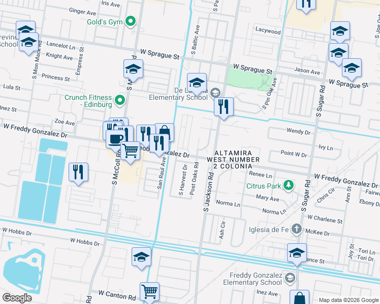 map of restaurants, bars, coffee shops, grocery stores, and more near 2405 Wildflower Drive in Edinburg