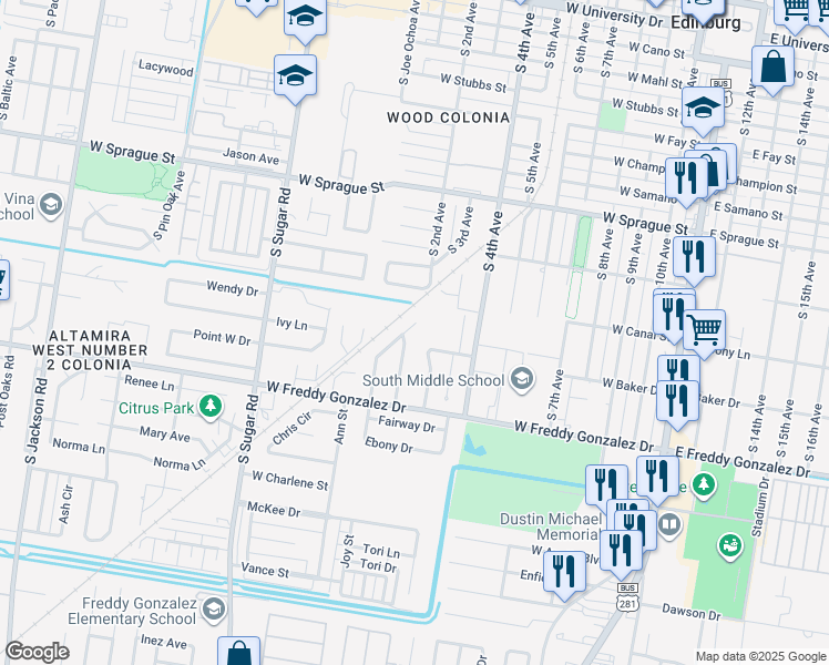 map of restaurants, bars, coffee shops, grocery stores, and more near 1320 Cynthia Street in Edinburg