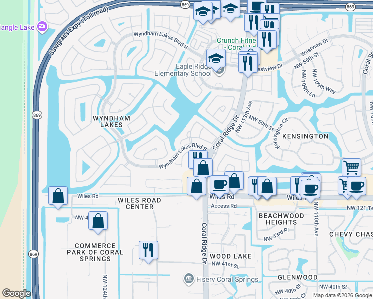 map of restaurants, bars, coffee shops, grocery stores, and more near 11719 Northwest 47th Drive in Coral Springs