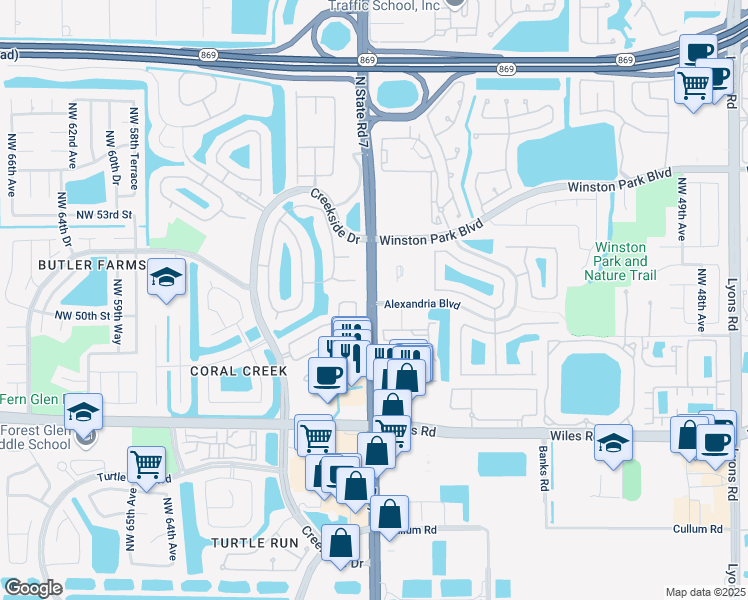 map of restaurants, bars, coffee shops, grocery stores, and more near 5746 Northwest 48th Drive in Coral Springs