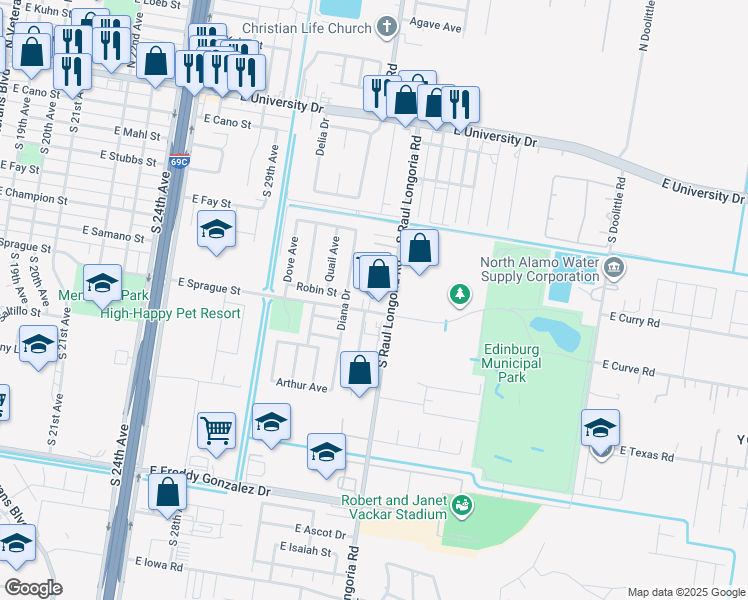 map of restaurants, bars, coffee shops, grocery stores, and more near 715 South Raul Longoria Road in Edinburg